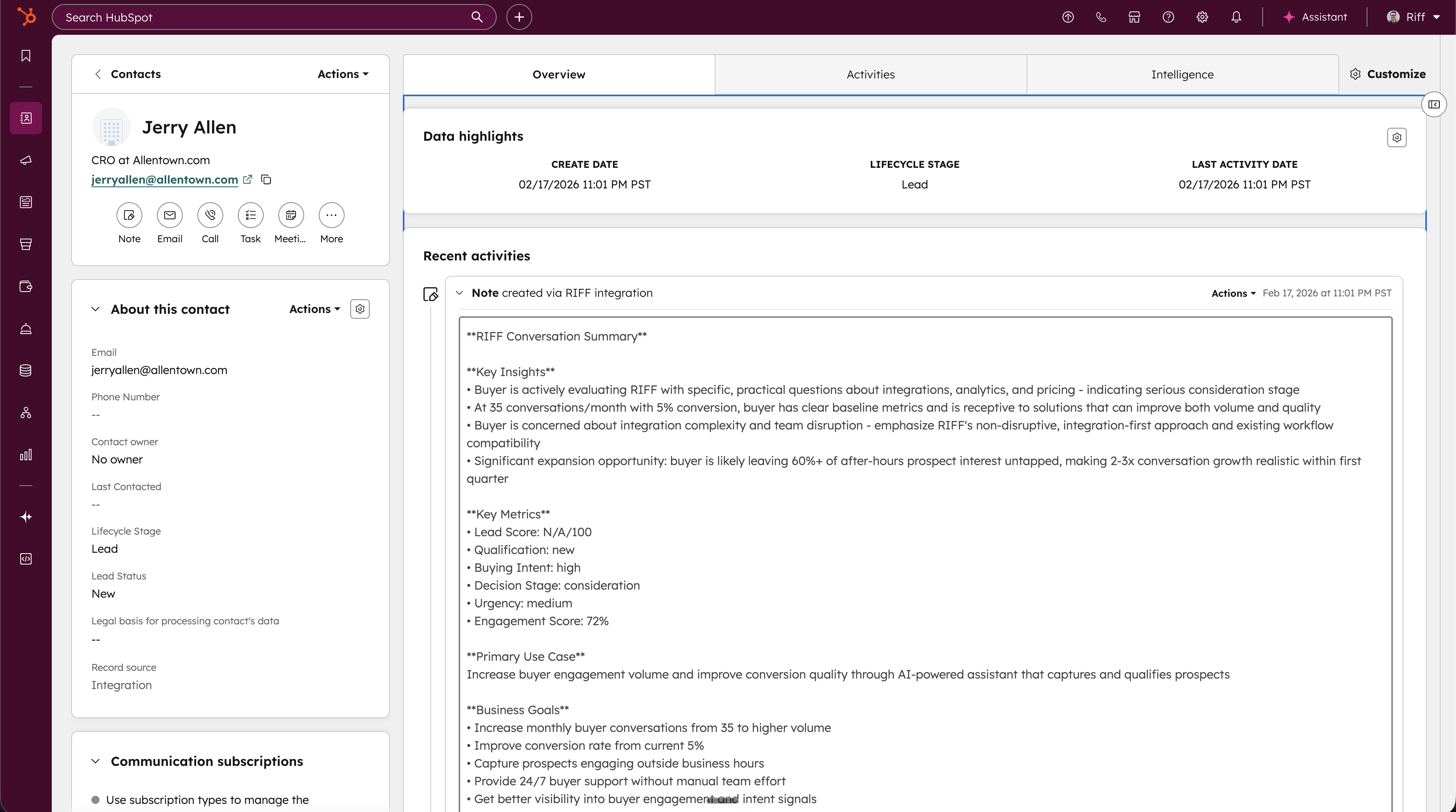 RIFF Explore — HubSpot CRM integration for buyer conversation insights
